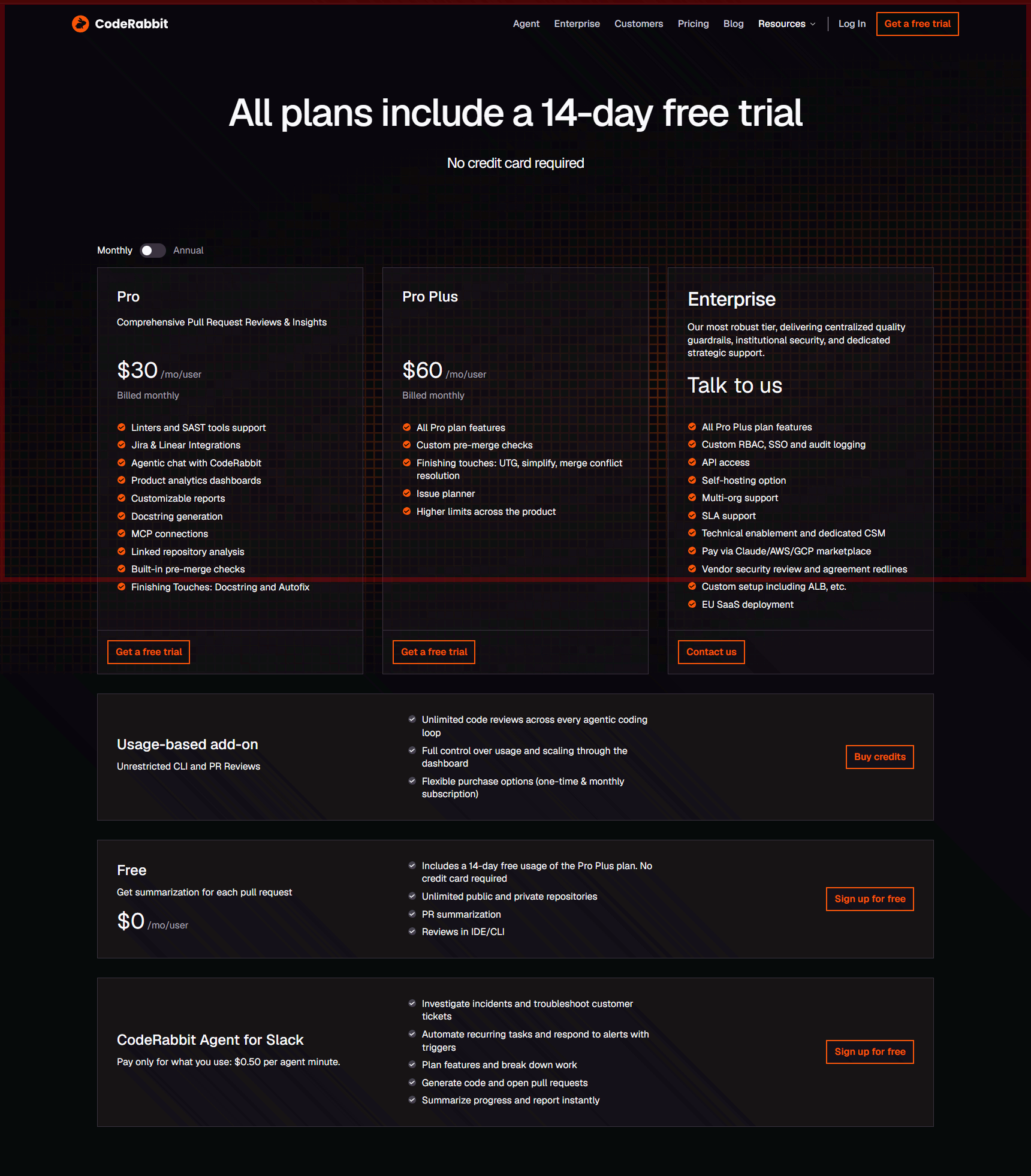CodeRabbit pricing page with the free plan box hidden below the fold