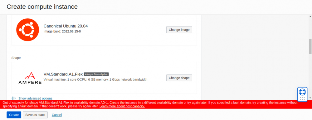 oracle out of host capacity error